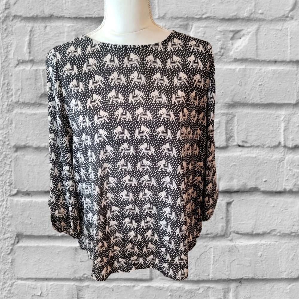 Pixley Long‎ Sleeve Black and White Elephant Print Blouse in Size Medium